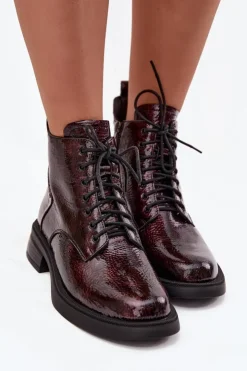 D&A Botki Ocieplane|Czarne Botki*Lakierowane Skórzane Botki Damskie Na Klocku LZ52-954 Bordowe Czerwony