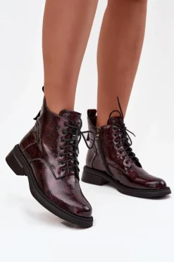 D&A Botki Ocieplane|Czarne Botki*Lakierowane Skórzane Botki Damskie Na Klocku LZ52-954 Bordowe Czerwony