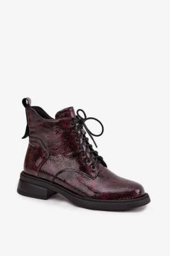 D&A Botki Ocieplane|Czarne Botki*Lakierowane Skórzane Botki Damskie Na Klocku LZ52-954 Bordowe Czerwony