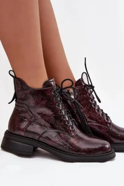 D&A Botki Ocieplane|Czarne Botki*Lakierowane Skórzane Botki Damskie Na Klocku LZ52-954 Bordowe Czerwony