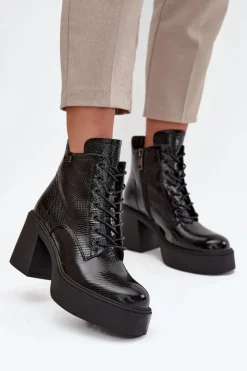 Damskie Buty damskie Vinceza Lakierowane Skórzane Botki Damskie Na Platformie I Słupku Vinceza 66817 Czarne