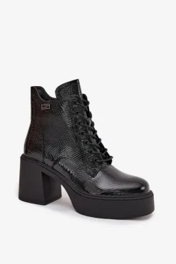 Damskie Buty damskie Vinceza Lakierowane Skórzane Botki Damskie Na Platformie I Słupku Vinceza 66817 Czarne