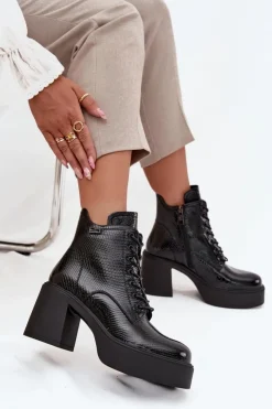 Damskie Buty damskie Vinceza Lakierowane Skórzane Botki Damskie Na Platformie I Słupku Vinceza 66817 Czarne