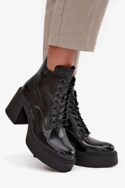 Damskie Buty damskie Vinceza Lakierowane Skórzane Botki Damskie Na Platformie I Słupku Vinceza 66817 Czarne