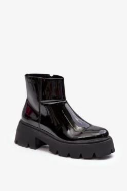 Best GOE Lakierowane Skórzane Botki Damskie MM2N4058 Czarne