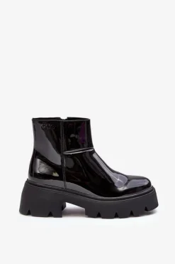 Best GOE Lakierowane Skórzane Botki Damskie MM2N4058 Czarne