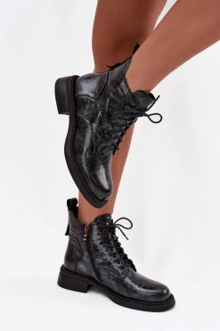 D&A Botki Ocieplane|Czarne Botki*Lakierowane Skórzane Botki Damskie Na Klocku LZ52-954 Granatowe Niebieski