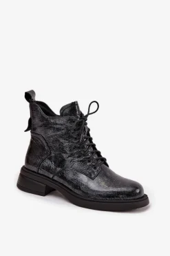 D&A Botki Ocieplane|Czarne Botki*Lakierowane Skórzane Botki Damskie Na Klocku LZ52-954 Granatowe Niebieski