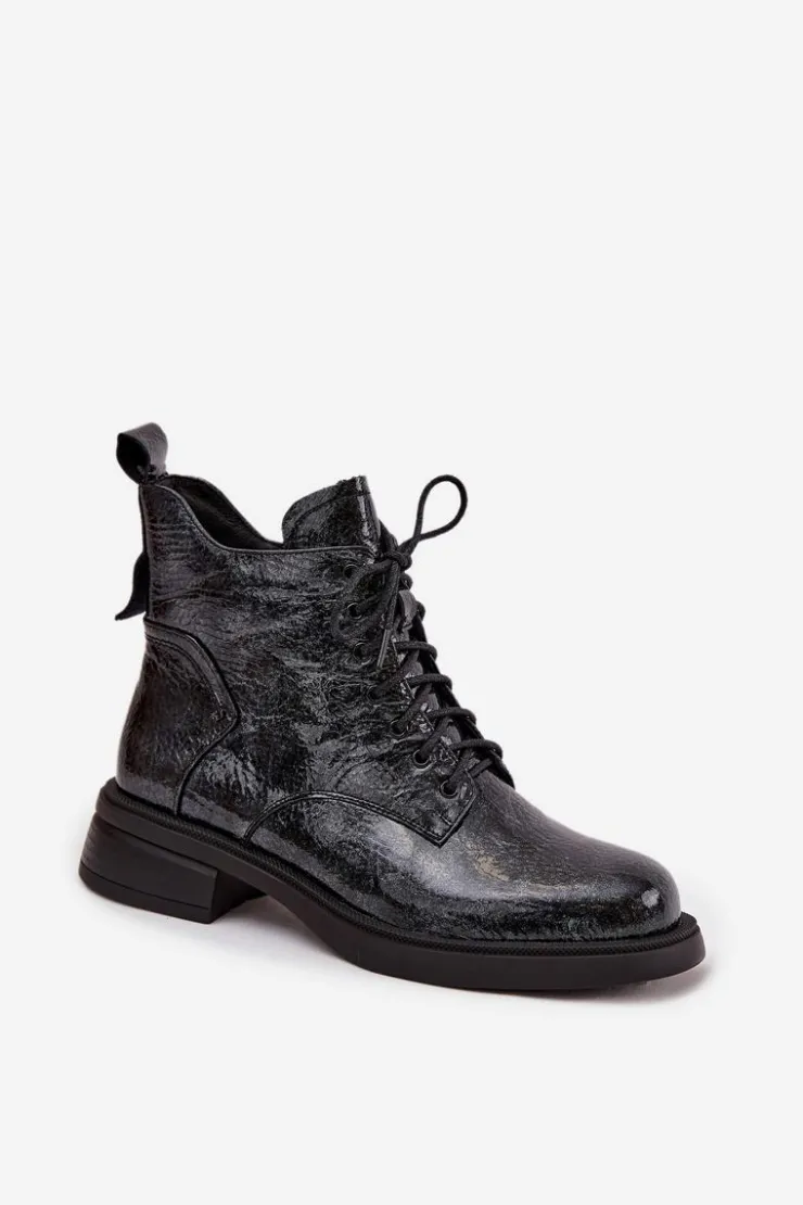 D&A Botki Ocieplane|Czarne Botki*Lakierowane Skórzane Botki Damskie Na Klocku LZ52-954 Granatowe Niebieski