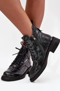 D&A Botki Ocieplane|Czarne Botki*Lakierowane Skórzane Botki Damskie Na Klocku LZ52-954 Granatowe Niebieski