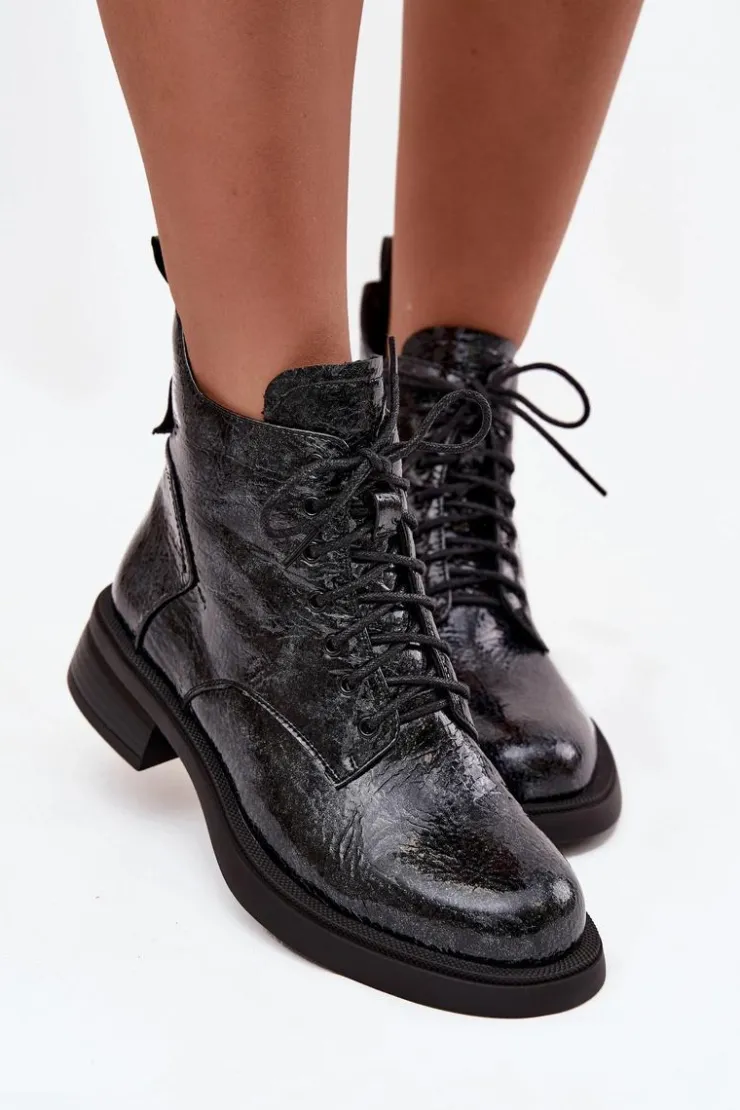 D&A Botki Ocieplane|Czarne Botki*Lakierowane Skórzane Botki Damskie Na Klocku LZ52-954 Granatowe Niebieski