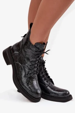 D&A Botki Ocieplane|Czarne Botki*Lakierowane Skórzane Botki Damskie Na Klocku LZ52-954 Granatowe Niebieski