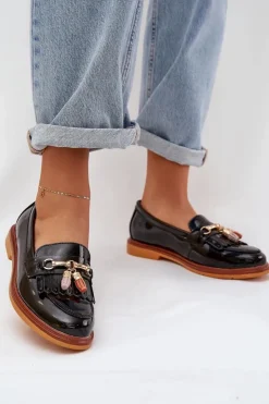 Hot Damskie buty S.Barski Lakierowane Skórzane Eleganckie Mokasyny Na Płaskim Obcasie S.Barski LR51-768A Czarne