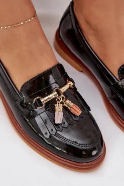 Hot Damskie buty S.Barski Lakierowane Skórzane Eleganckie Mokasyny Na Płaskim Obcasie S.Barski LR51-768A Czarne