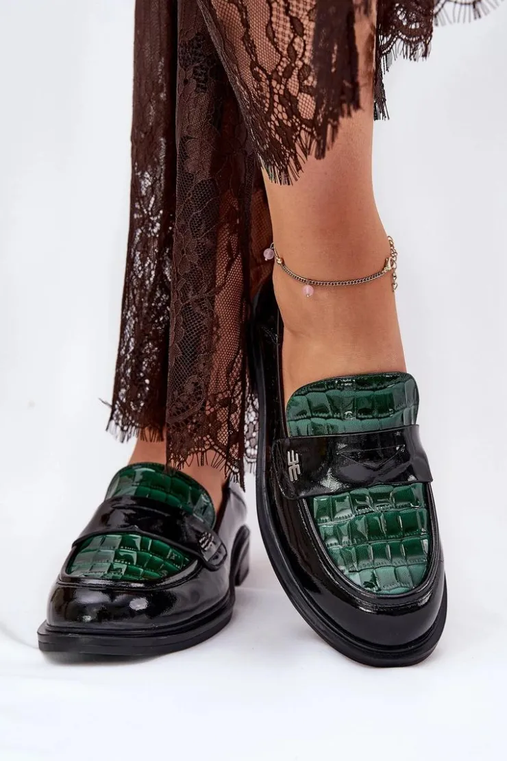 Clearance Buty damskie Vinceza Lakierowane Skórzane Mokasyny Damskie Vinceza 91125 Zielono-Czarne