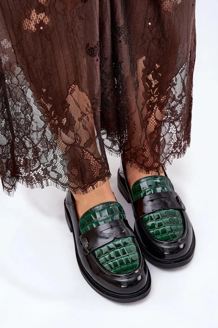 Clearance Buty damskie Vinceza Lakierowane Skórzane Mokasyny Damskie Vinceza 91125 Zielono-Czarne