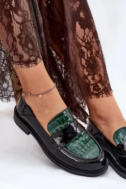 Clearance Buty damskie Vinceza Lakierowane Skórzane Mokasyny Damskie Vinceza 91125 Zielono-Czarne