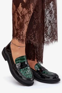 Clearance Buty damskie Vinceza Lakierowane Skórzane Mokasyny Damskie Vinceza 91125 Zielono-Czarne