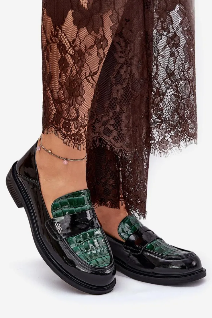 Clearance Buty damskie Vinceza Lakierowane Skórzane Mokasyny Damskie Vinceza 91125 Zielono-Czarne