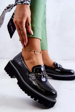 Damskie Damskie buty S.Barski Lakierowane Skórzane Półbuty Z Ozdobą Czarne Adison