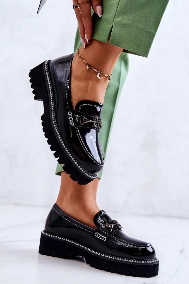 Damskie Damskie buty S.Barski Lakierowane Skórzane Półbuty Z Ozdobą Czarne Adison