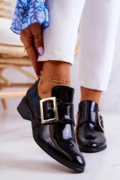 Hot Boto Lakierowane Skórzane Półbuty Ze Sprzączką Czarne Taliya