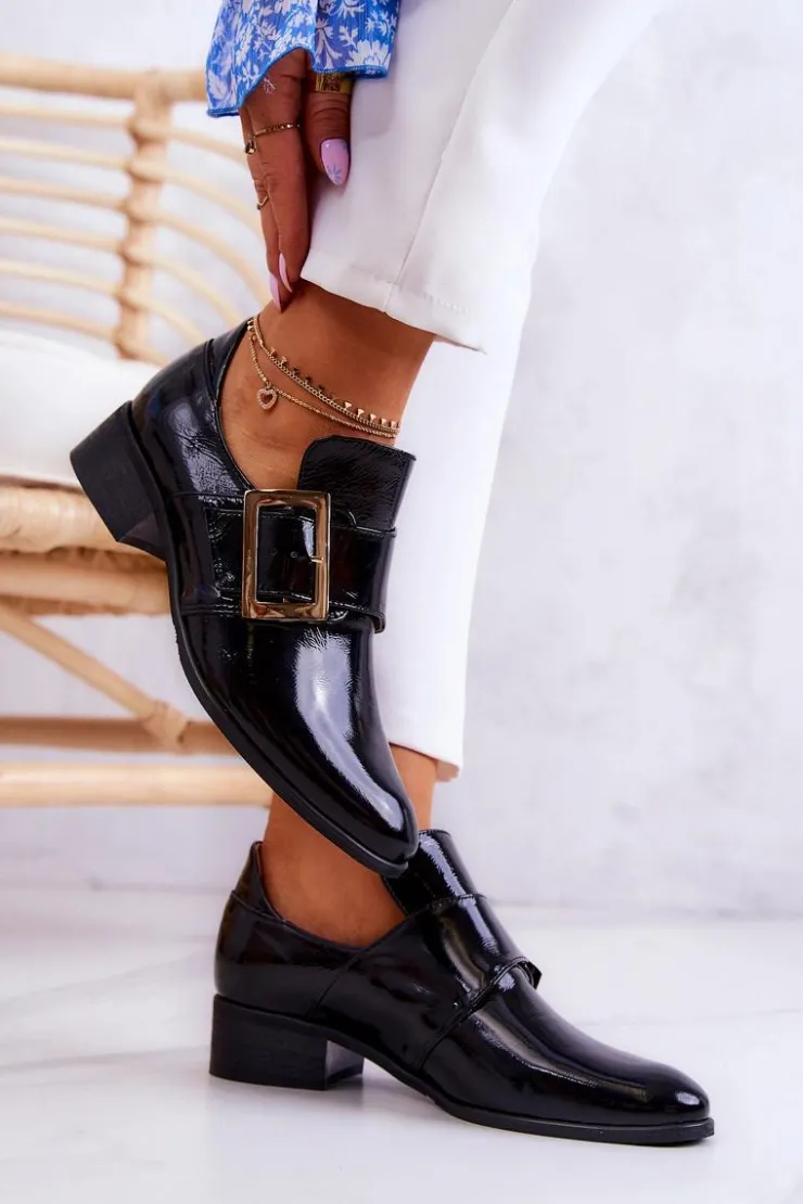 Hot Boto Lakierowane Skórzane Półbuty Ze Sprzączką Czarne Taliya