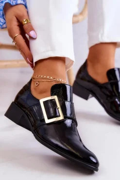 Hot Boto Lakierowane Skórzane Półbuty Ze Sprzączką Czarne Taliya