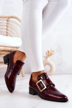 Clearance Boto Lakierowane Skórzane Półbuty Ze Sprzączką Bordowe Taliya