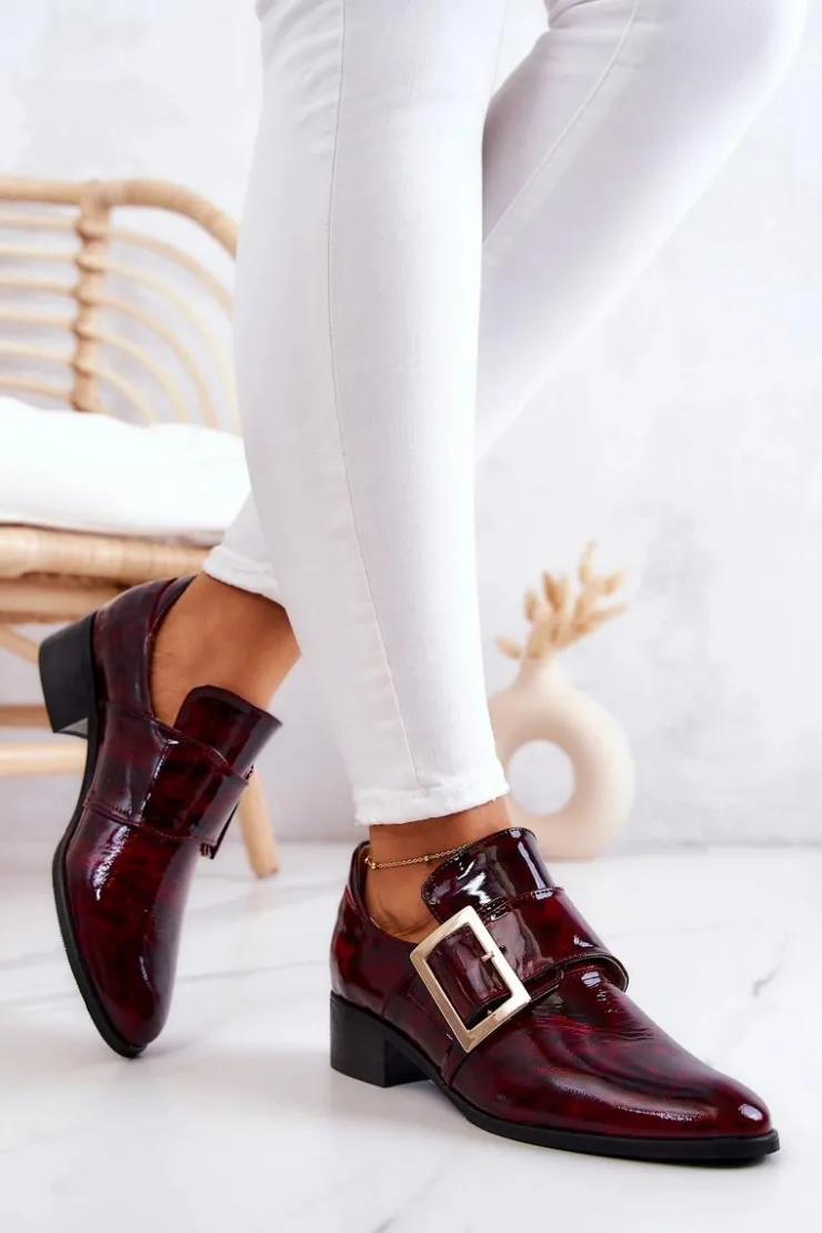 Clearance Boto Lakierowane Skórzane Półbuty Ze Sprzączką Bordowe Taliya