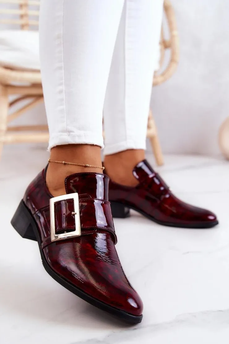 Clearance Boto Lakierowane Skórzane Półbuty Ze Sprzączką Bordowe Taliya