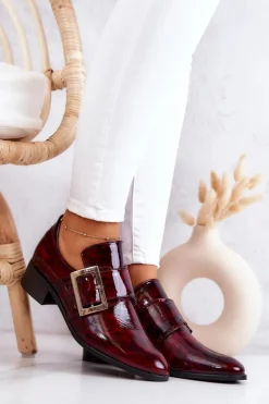 Clearance Boto Lakierowane Skórzane Półbuty Ze Sprzączką Bordowe Taliya