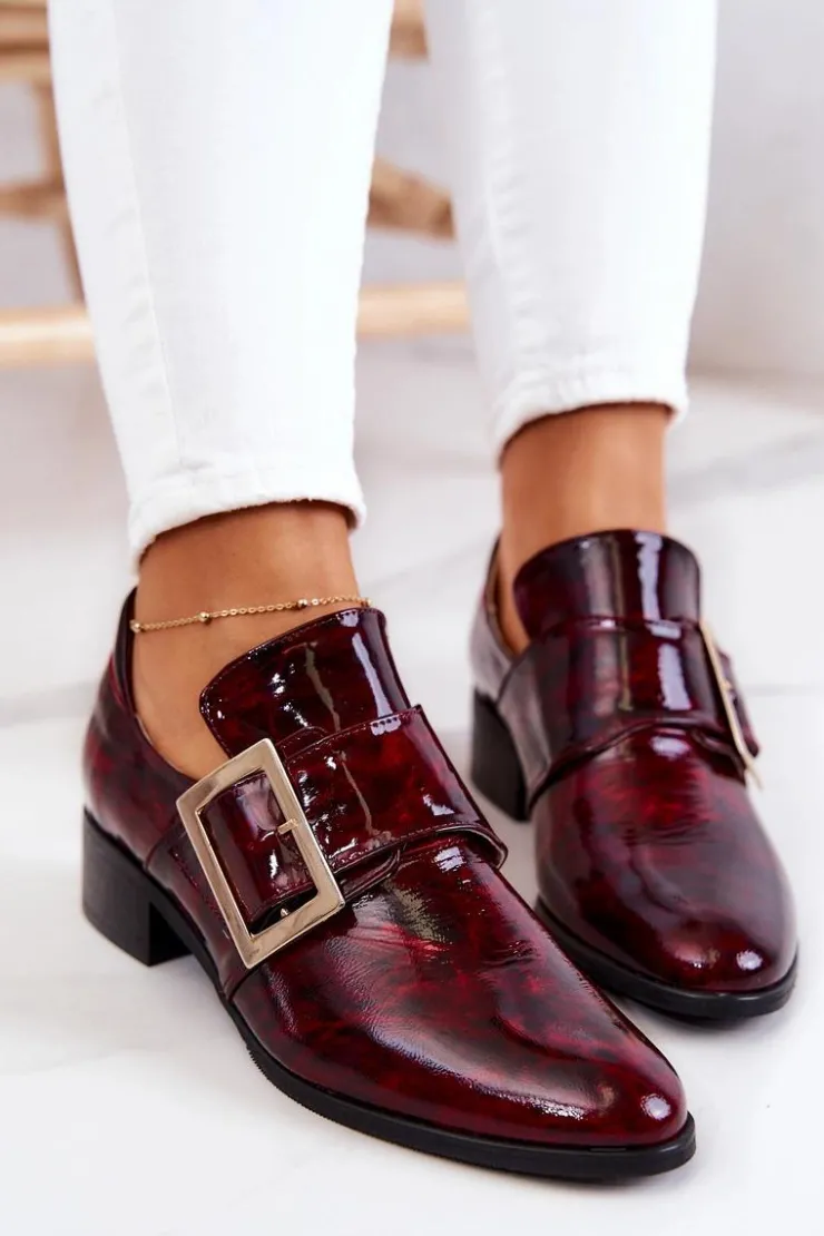 Clearance Boto Lakierowane Skórzane Półbuty Ze Sprzączką Bordowe Taliya