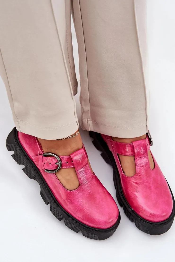 Zazoo Półbuty Skórzane*Lakierowane Skórzane Półbuty Z Klamrą 20183 Fuksja Różowy