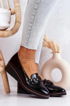 Buty damskie Vinceza Półbuty Lakierowane*Lakierowane Skórzane Półbuty Na Koturnie Czarne Melodie