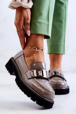 Damskie buty S.Barski Lakierowane Skórzane Półbuty Szare Corine