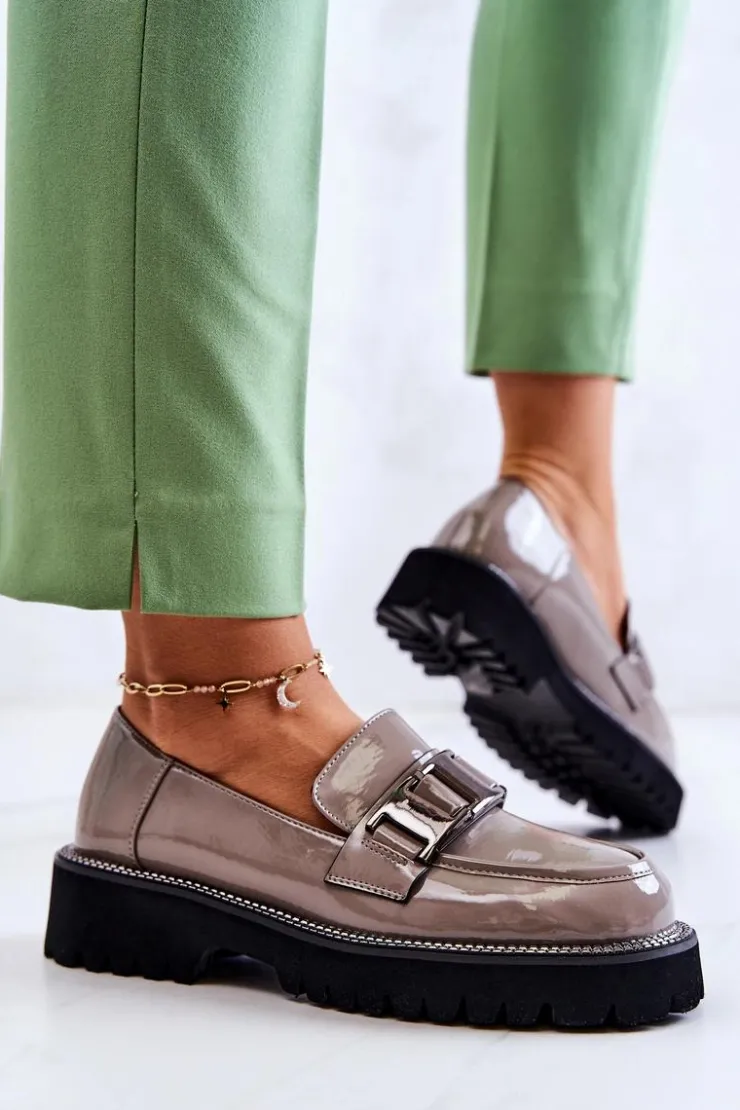 Damskie buty S.Barski Lakierowane Skórzane Półbuty Szare Corine