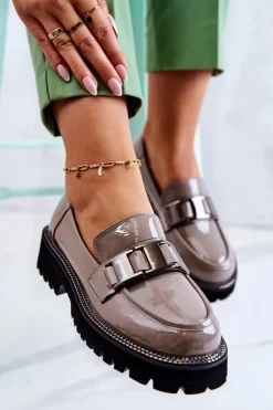 Damskie buty S.Barski Lakierowane Skórzane Półbuty Szare Corine