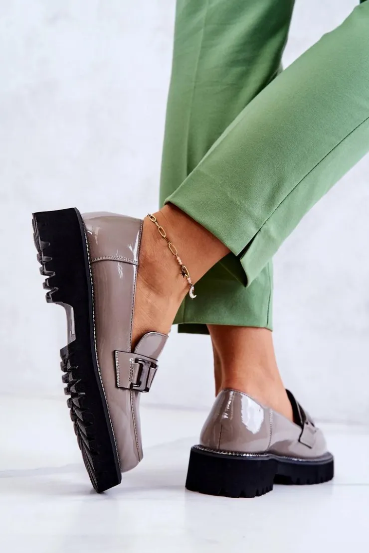 Damskie buty S.Barski Lakierowane Skórzane Półbuty Szare Corine