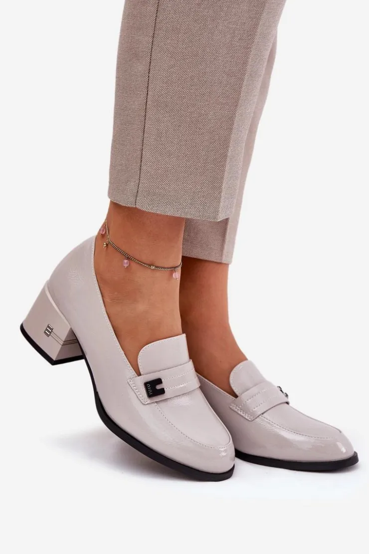 Clearance Buty damskie Vinceza Lakierowane Skórzane Półbuty Damskie Na Obcasie Vinceza 18105 Szare