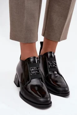 Damskie Buty damskie Vinceza Lakierowane Skórzane Półbuty Damskie Na Niskim Obcasie Z Ozdobnym Detalem Vinceza 91161 Czarne