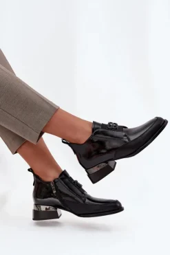 Damskie Buty damskie Vinceza Lakierowane Skórzane Półbuty Damskie Na Niskim Obcasie Z Ozdobnym Detalem Vinceza 91161 Czarne