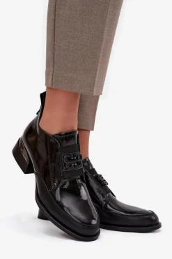 Damskie Buty damskie Vinceza Lakierowane Skórzane Półbuty Damskie Na Niskim Obcasie Z Ozdobnym Detalem Vinceza 91161 Czarne