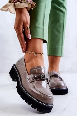 Hot Damskie buty S.Barski Lakierowane Skórzane Półbuty Z Ozdobą Jasnobrązowe Adison