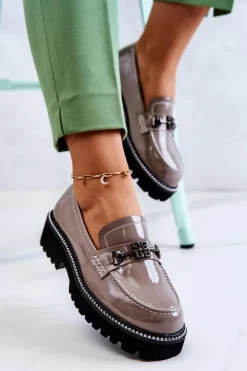 Hot Damskie buty S.Barski Lakierowane Skórzane Półbuty Z Ozdobą Jasnobrązowe Adison