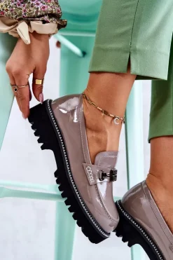 Hot Damskie buty S.Barski Lakierowane Skórzane Półbuty Z Ozdobą Jasnobrązowe Adison