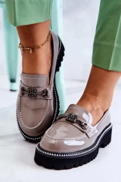 Hot Damskie buty S.Barski Lakierowane Skórzane Półbuty Z Ozdobą Jasnobrązowe Adison