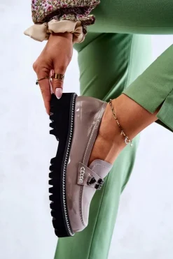 Hot Damskie buty S.Barski Lakierowane Skórzane Półbuty Z Ozdobą Jasnobrązowe Adison