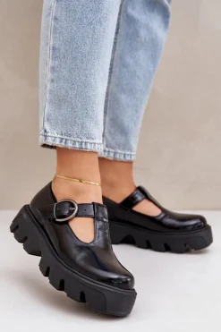 Damskie Zazoo Lakierowane Skórzane Półbuty Z Klamrą 20183 Czarne