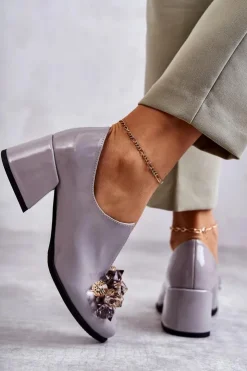 New Boto Lakierowane Skórzane Półbuty Gładkie Z Ciemną Ozdobą Szare Delaver